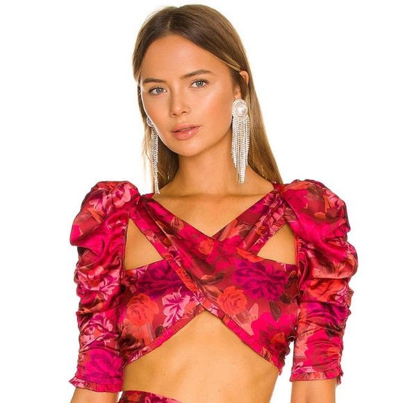 For Love And Lemons Tops - For Love & Lemons Alia cross front floral crop top in red size M NWT